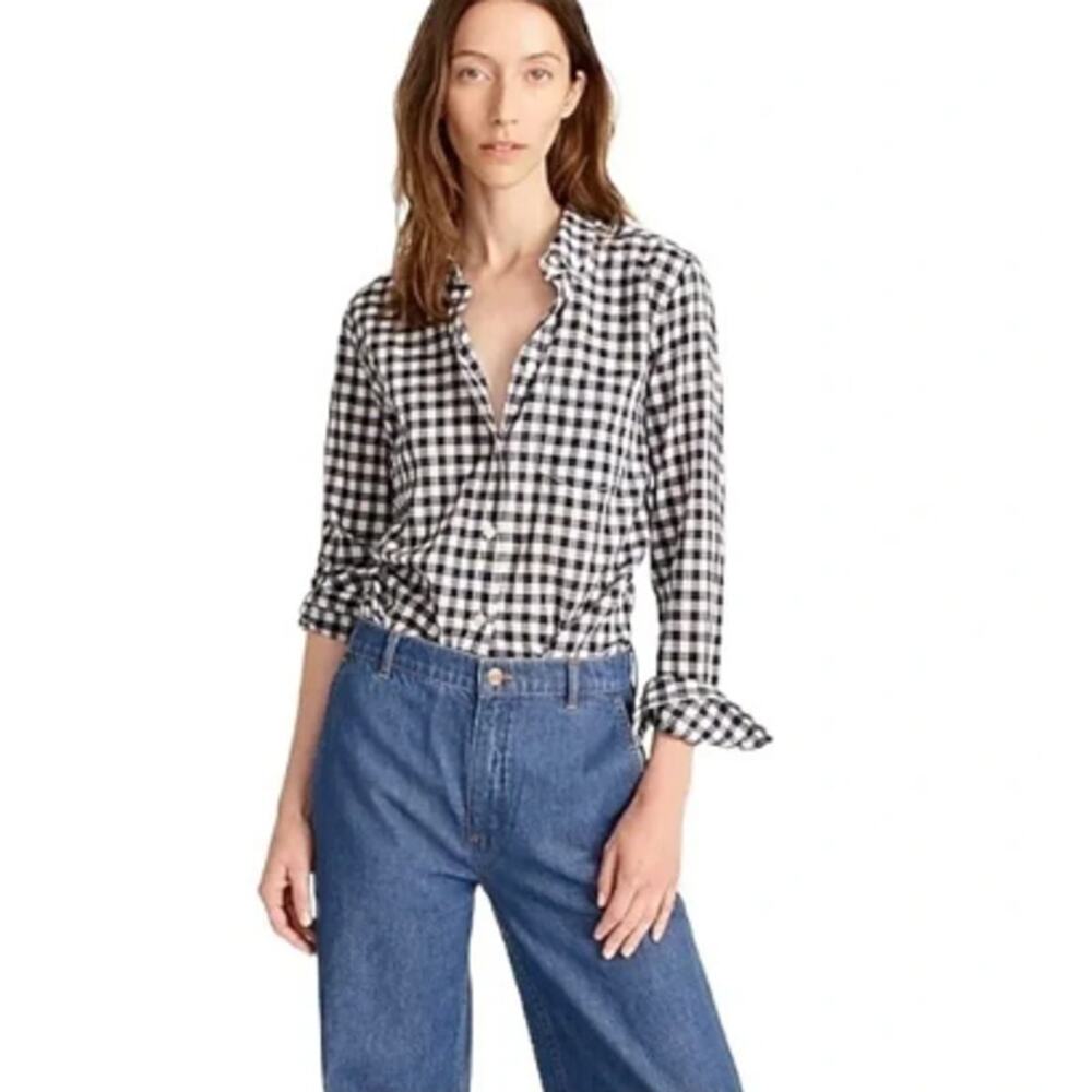 J.Crew Boy Fit Navy Gingham Crinkle Shirt 00 Classic Button Down Cotton - Picture 2 of 7